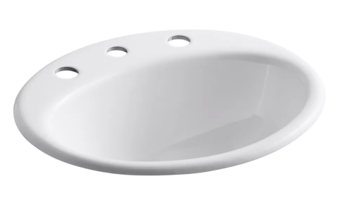 97) Kohler Farmington 19-1/4" Oval Cast Iron Drop In Bathroom Sink with Overflow and 3 Faucet Holes at 8" Centers K-2905-8-0