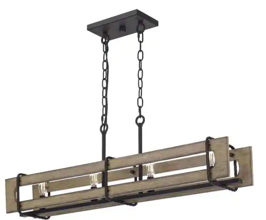 280) 4L Linear Farmhouse Wood Black Linear Chandelier - 2 AVAILABLE