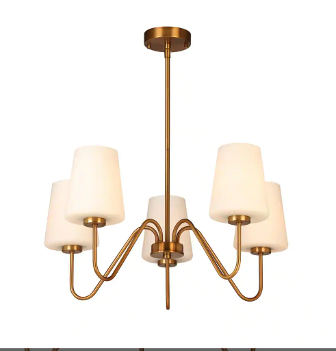 253) 5-Light Honey Brass Chandelier with Frosted Opal Glass Shades