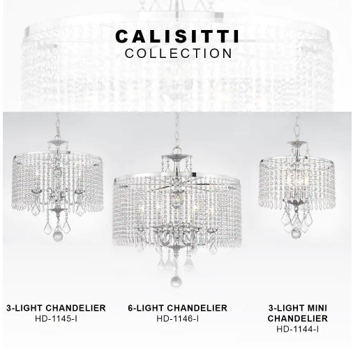 204) Calisitti 3-Light Polished Chrome Chandelier with K9 Crystal Dangles