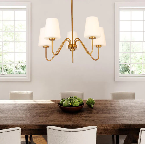 253) 5-Light Honey Brass Chandelier with Frosted Opal Glass Shades